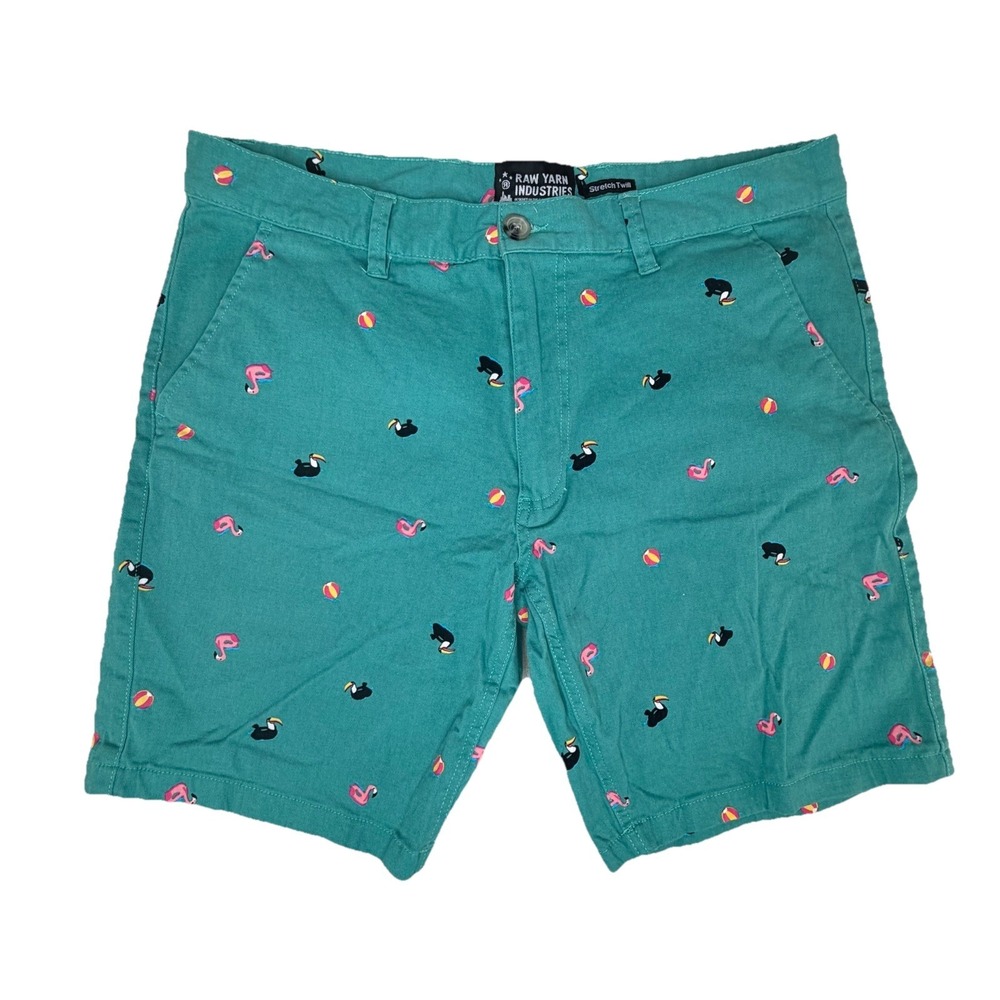 Raw Yarn Industries Stretch Twill Men's Shorts Sz 36 Teal Toucan Flamingo Beach